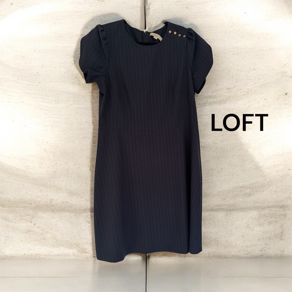 LOFT Navy Pinstriped Dress with Gold Button Detail